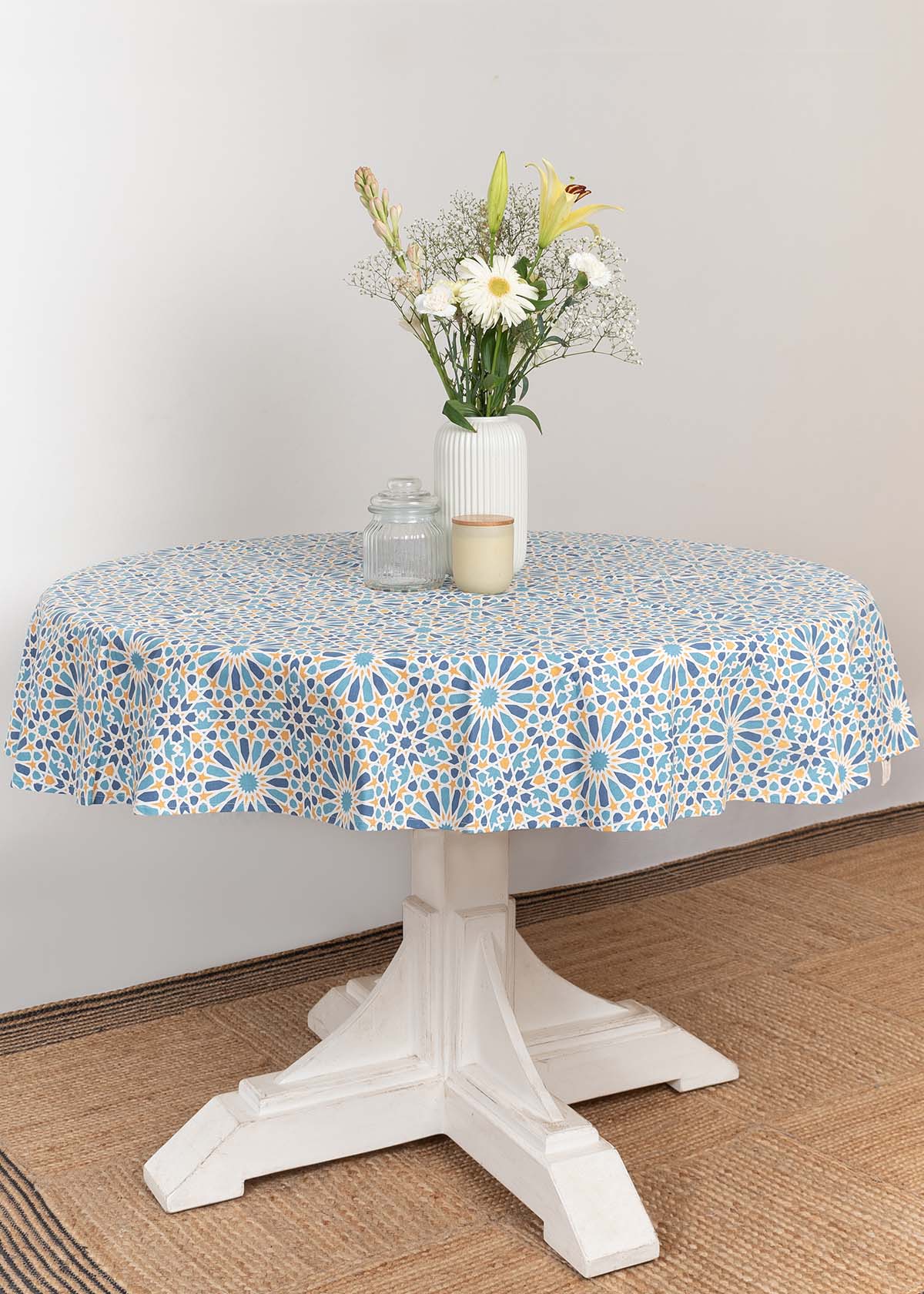 Arabesque Printed Cotton Table Cloth - Blue