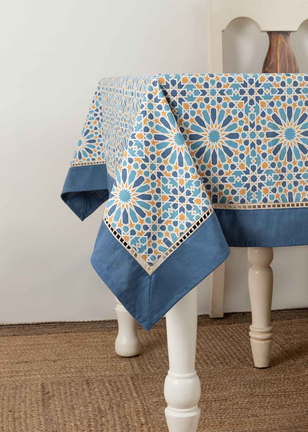 Arabesque Printed Cotton Table Cloth - Blue