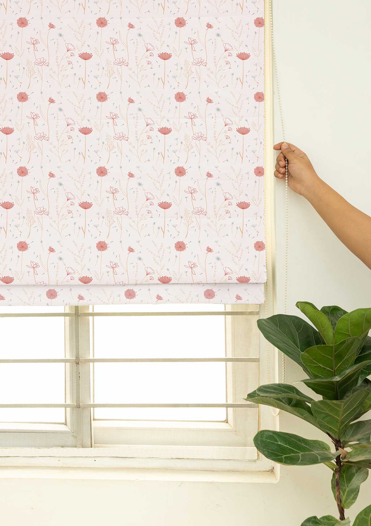 Ballet Pink Floral Printed 100% Cotton Sheer Blind For Living Room | Light Reduction