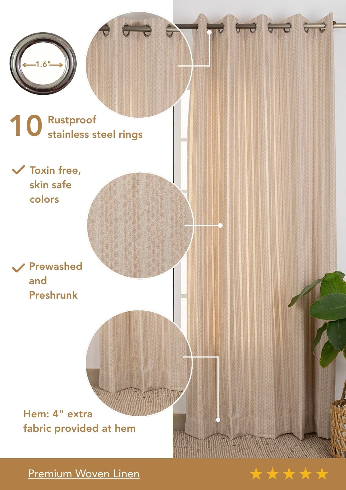 Biscotti Beige Textured 100% Cotton Linen Curtain For Living Room | Light Filtering | Single Piece