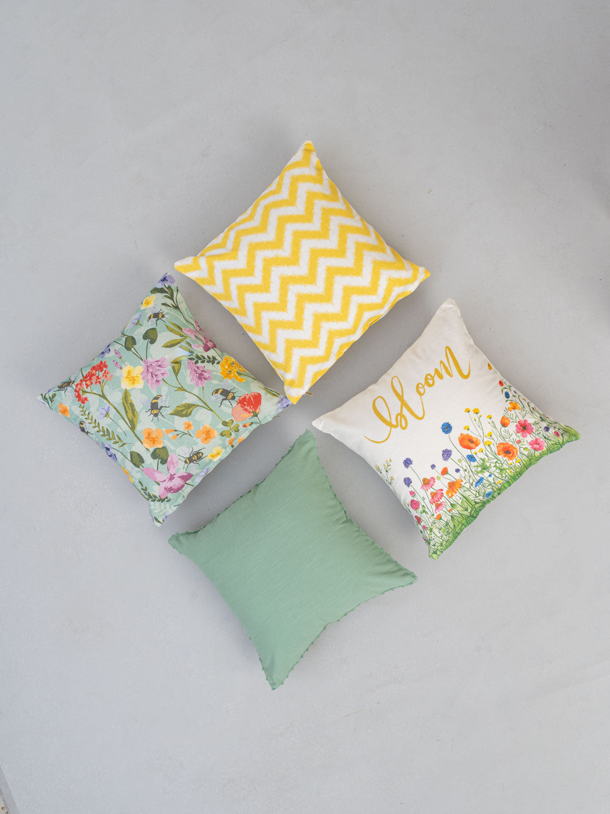 Bloom, Ikat Chevron Yellow, Busy Bees , Sage Green Set Of 4 Combo Cotton Cushion Cover - Yellow And Green