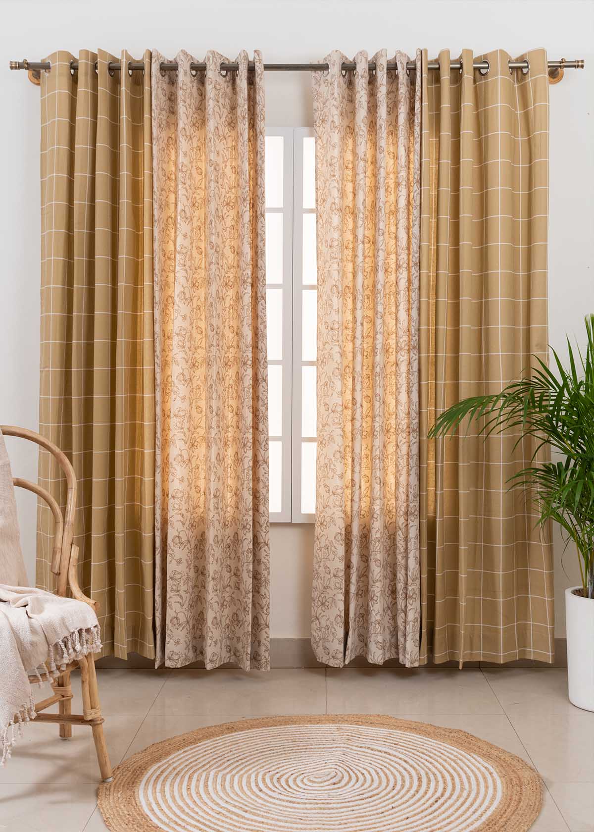 Cabin Checks, French Farmhouse In Neutrals Set of 4 Combo Cotton Curtain - Brown And Beige