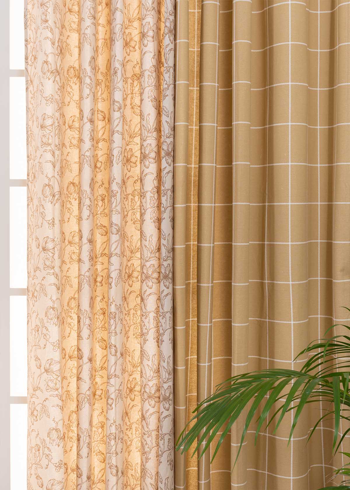 Cabin Checks, French Farmhouse In Neutrals Set Of 2 Combo Cotton Curtain - Brown And Beige
