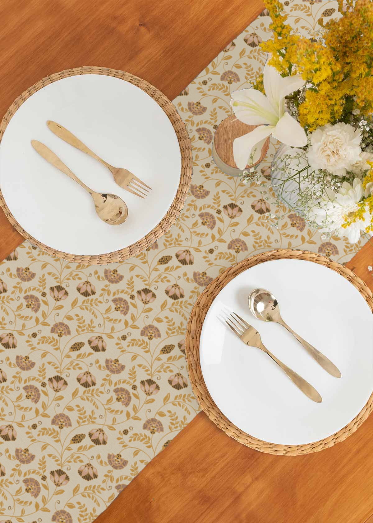 Calico Printed Cotton Table Runner - Beige