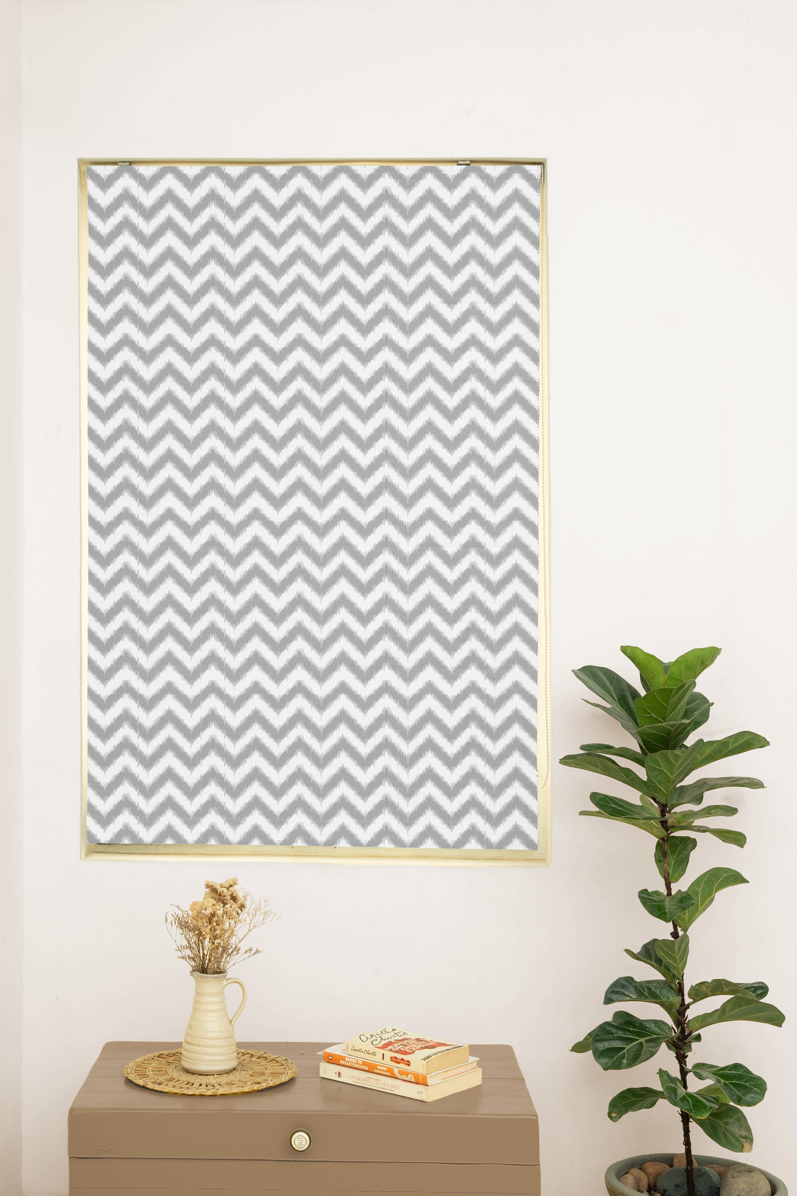 Ikat Chevron 100% Customizable Cotton geometric blind for living room - Room darkening - Grey