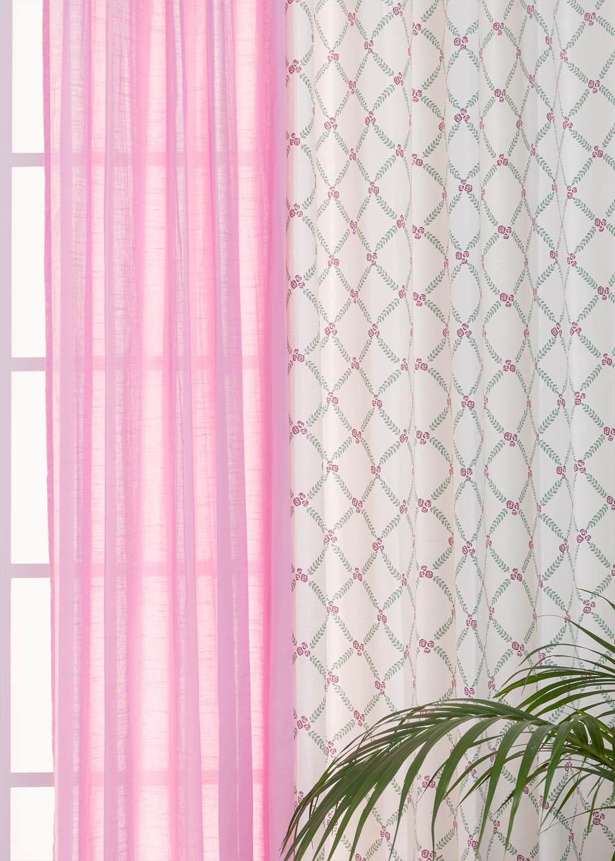 Climbing Roses, Dusty Lavender Sheer Set Of 2 Combo Cotton Curtain - Lavender