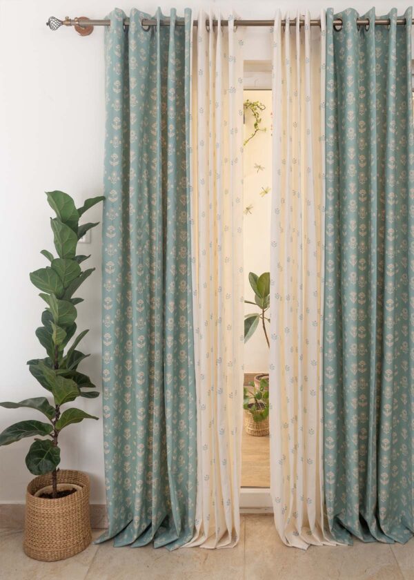 Dahlia Nile Blue, Sapling Nile Blue Sheer Set Of 2 Combo Cotton Curtain - Nile Blue