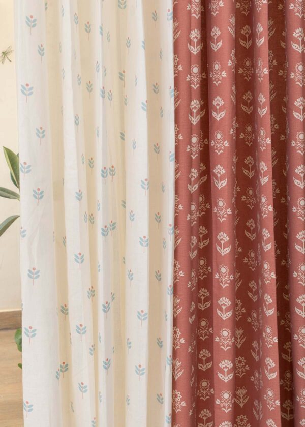 Dahlia Rust, Sapling Nile Blue Sheer Set of 4 Combo Cotton Curtain - Rust And Nile Blue