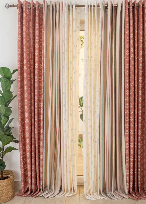Dahlia Rust, Roman Stripe, Sapling Nile Blue Sheer Set Of 3 Combo Cotton Curtain - Rust And Nile Blue