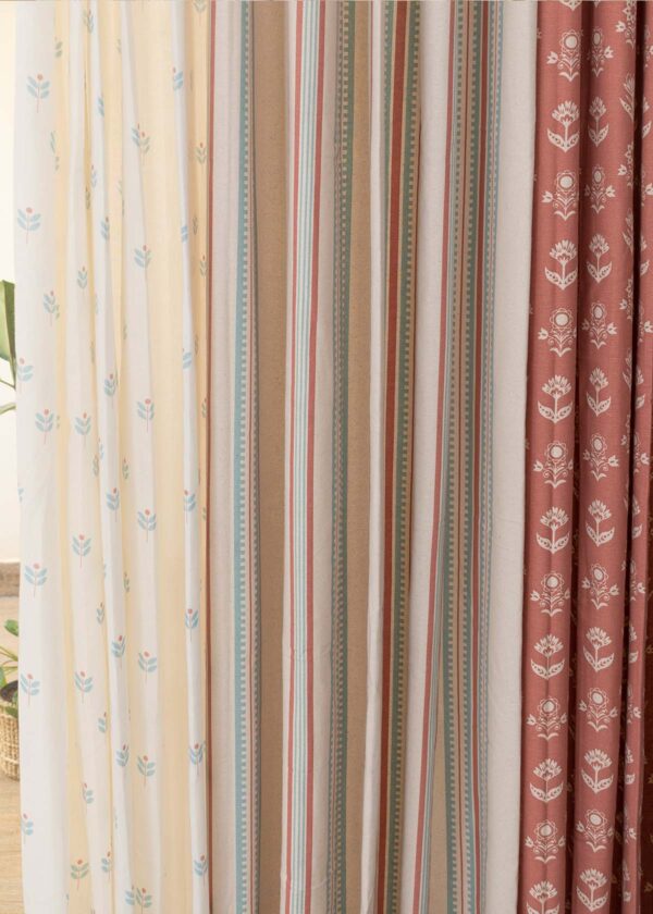 Dahlia Rust, Roman Stripe, Sapling Nile Blue Sheer Set of 6 Combo Cotton Curtain - Rust And Nile Blue