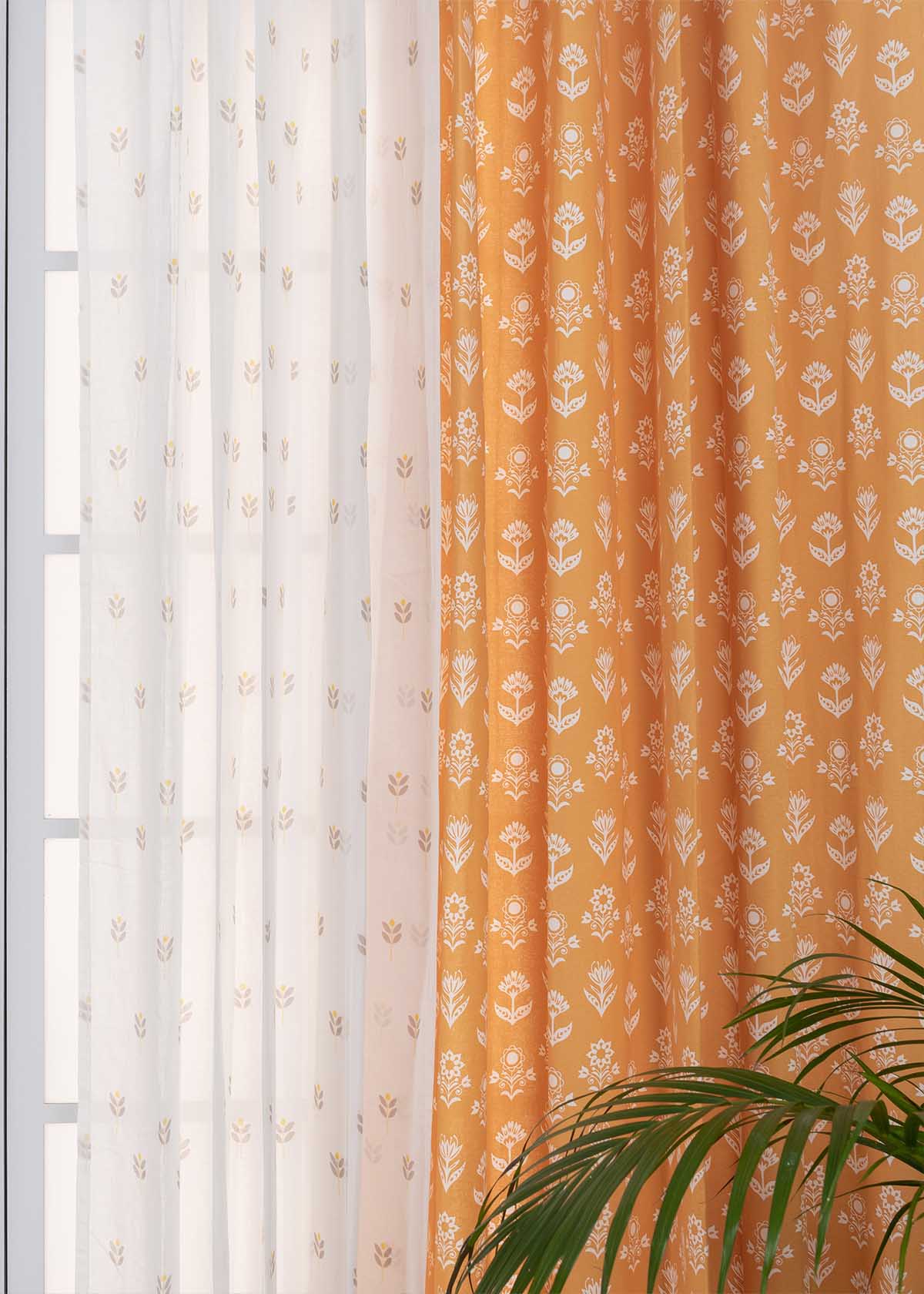 Dahlia Mustard, Sapling Primrose Sheer Set Of 2 Combo Cotton Curtain - Mustard