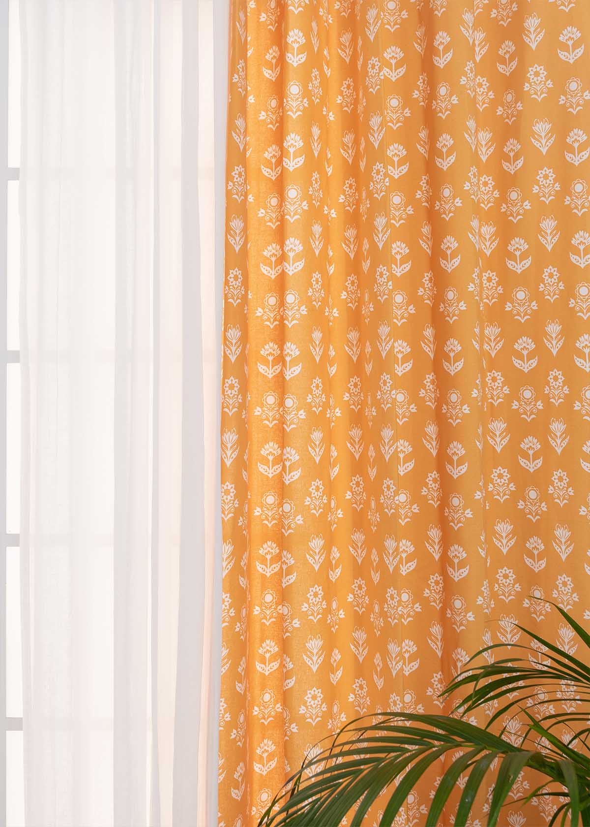 Dahlia Mustard, Solid Warm White Solid Sheer Set of 4 Combo Cotton Curtain - Mustard, White