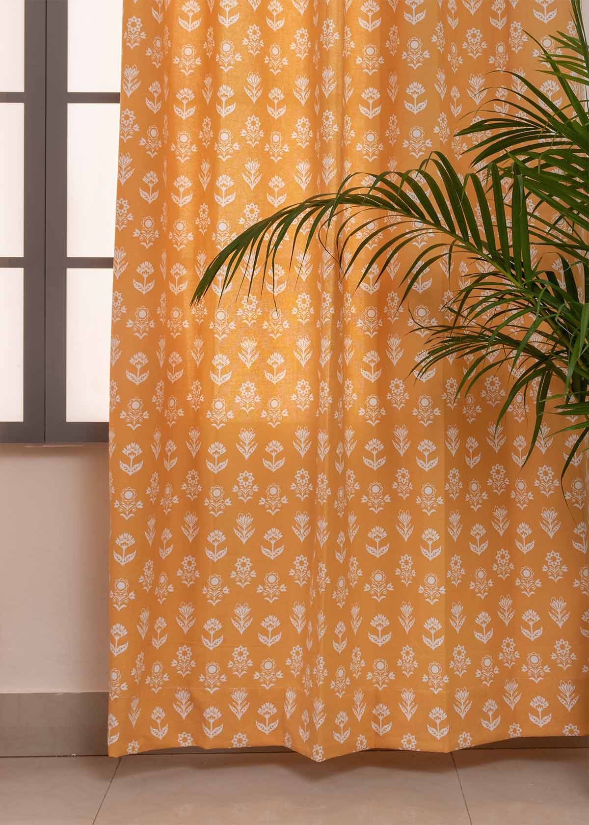 Dahlia 100% cotton floral curtain for living room - Room darkening - Mustard - Pack of 1 - Pack of 1