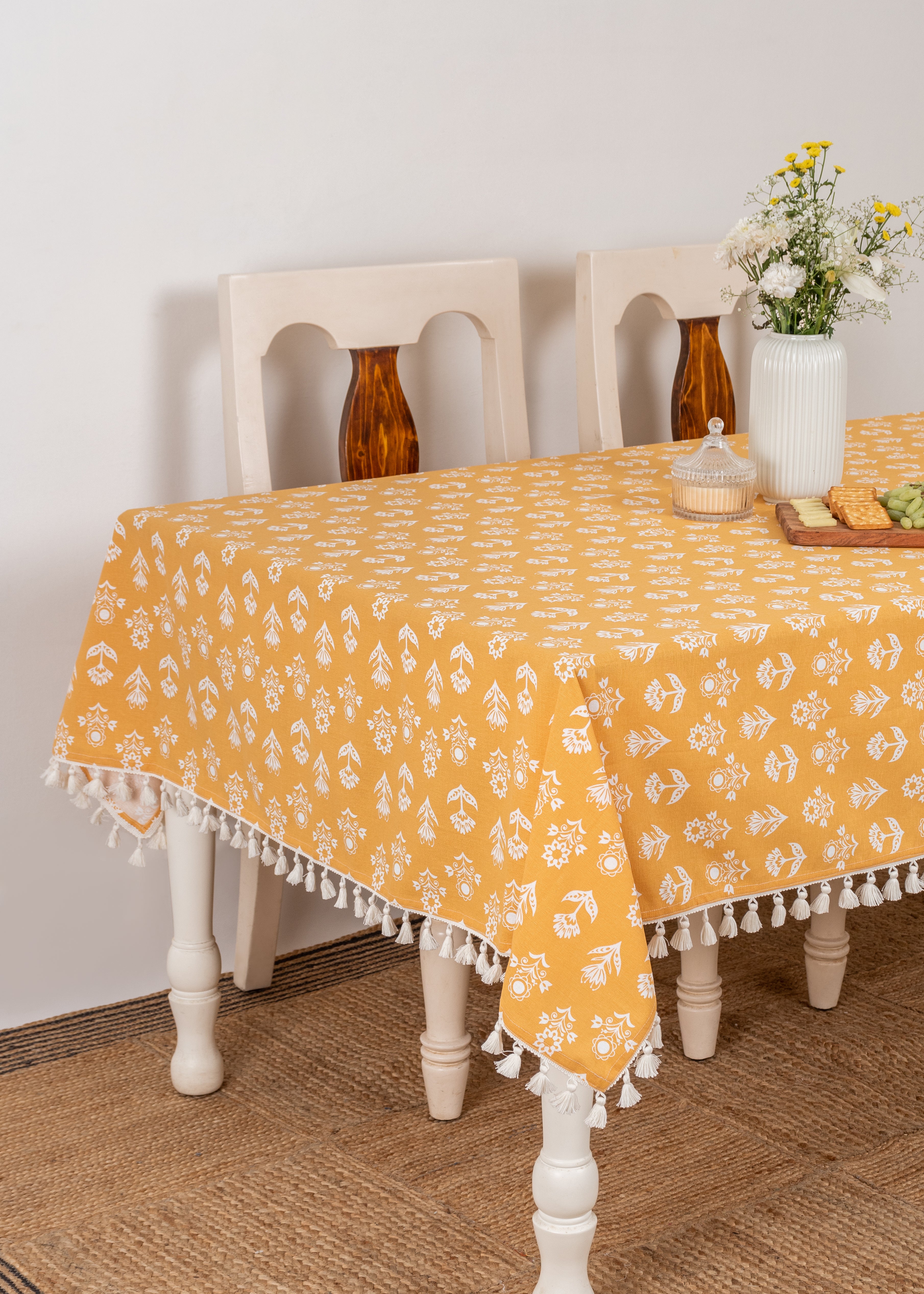 Dahlia 100% cotton customizable floral table cloth for dining - Mustard