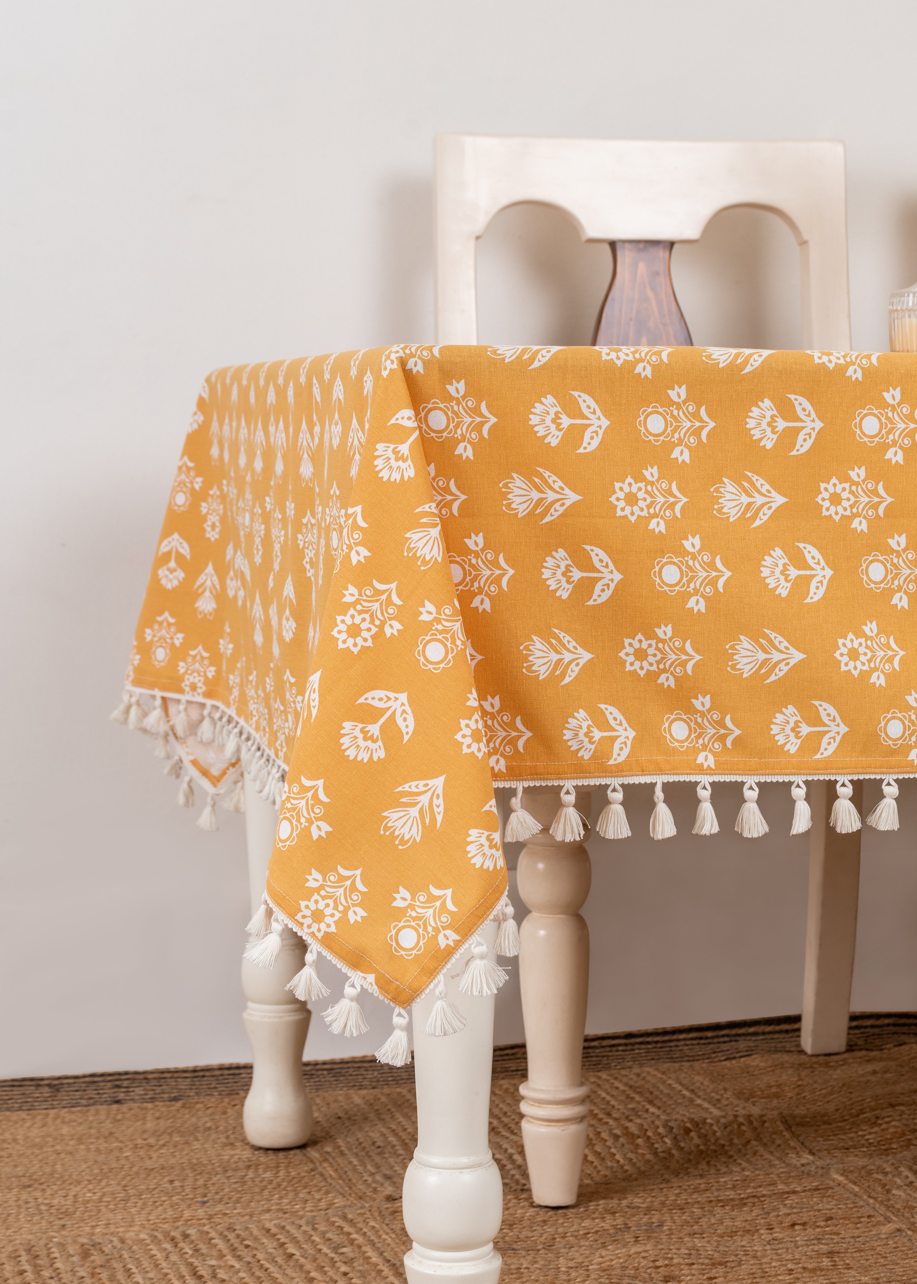 Dahlia 100% cotton customisable floral table cloth for dining - Mustard