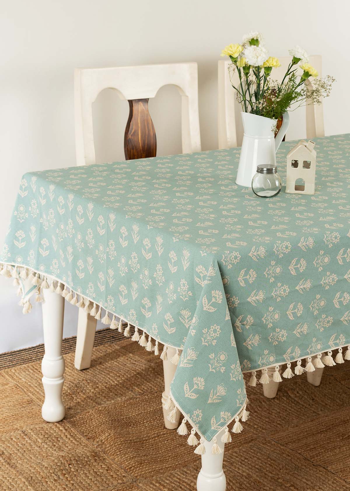 Dahlia 100% cotton customizable floral table cloth for dining - Nile Blue