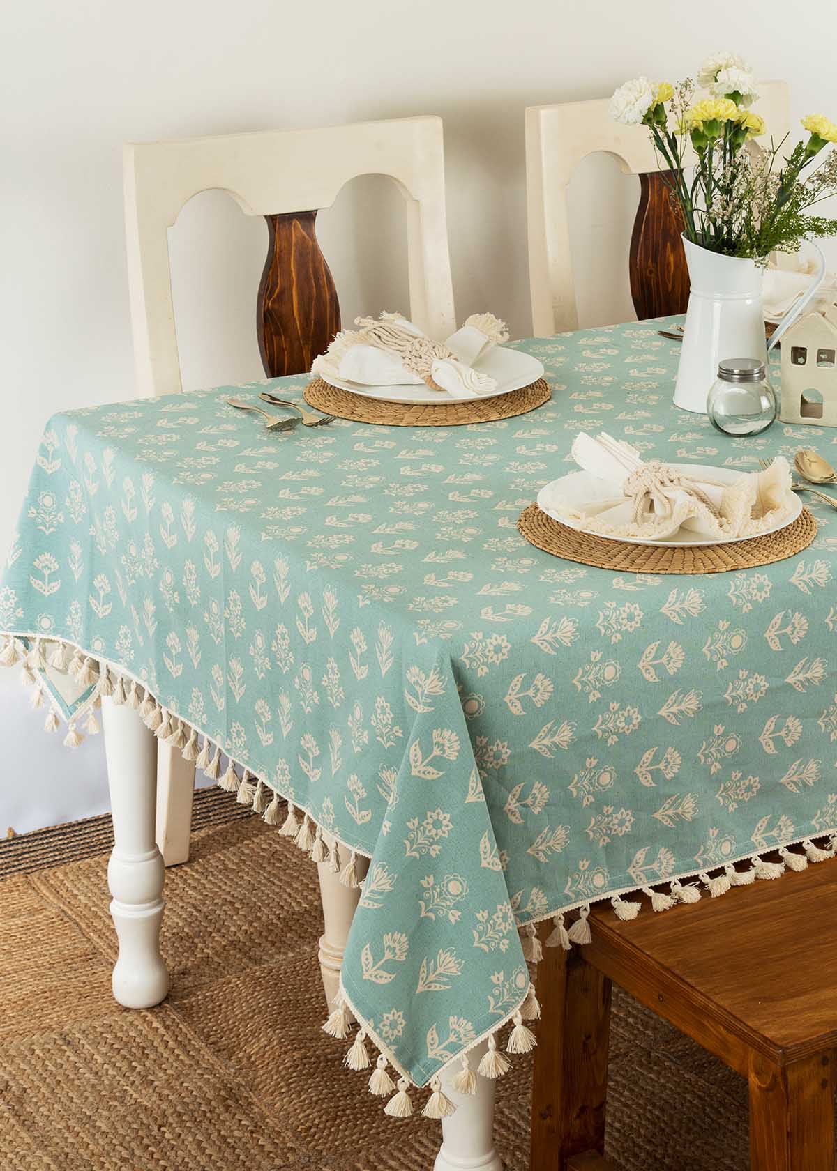 Dahlia Printed Cotton Table Cloth - Nile Blue