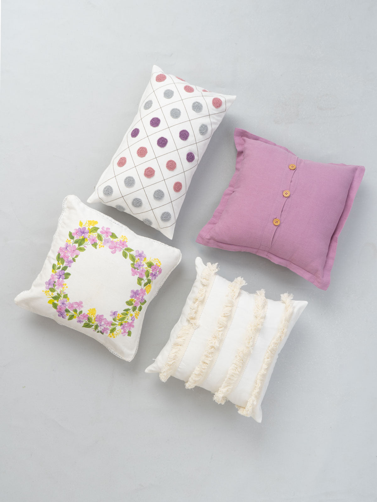 Very Peri Wreath, Dusty Lavender, Dainty Dots Lavender, Fringes Set Of 4 Combo Cotton Cushion Cover - Lavender