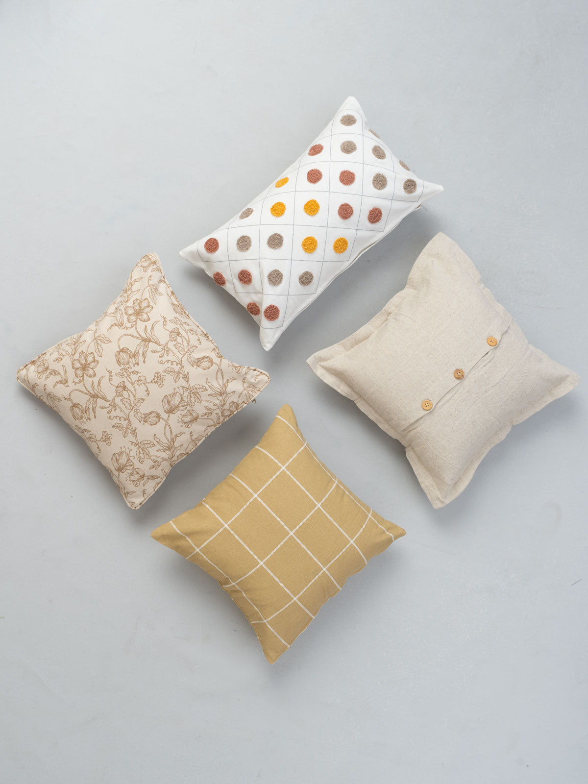 French Farmhouse Neutral, Cabin Checks, Solid Linen , Dainty Dots Yellow Set Of 4 Combo Cotton Cushion Cover - Beige And Yellow