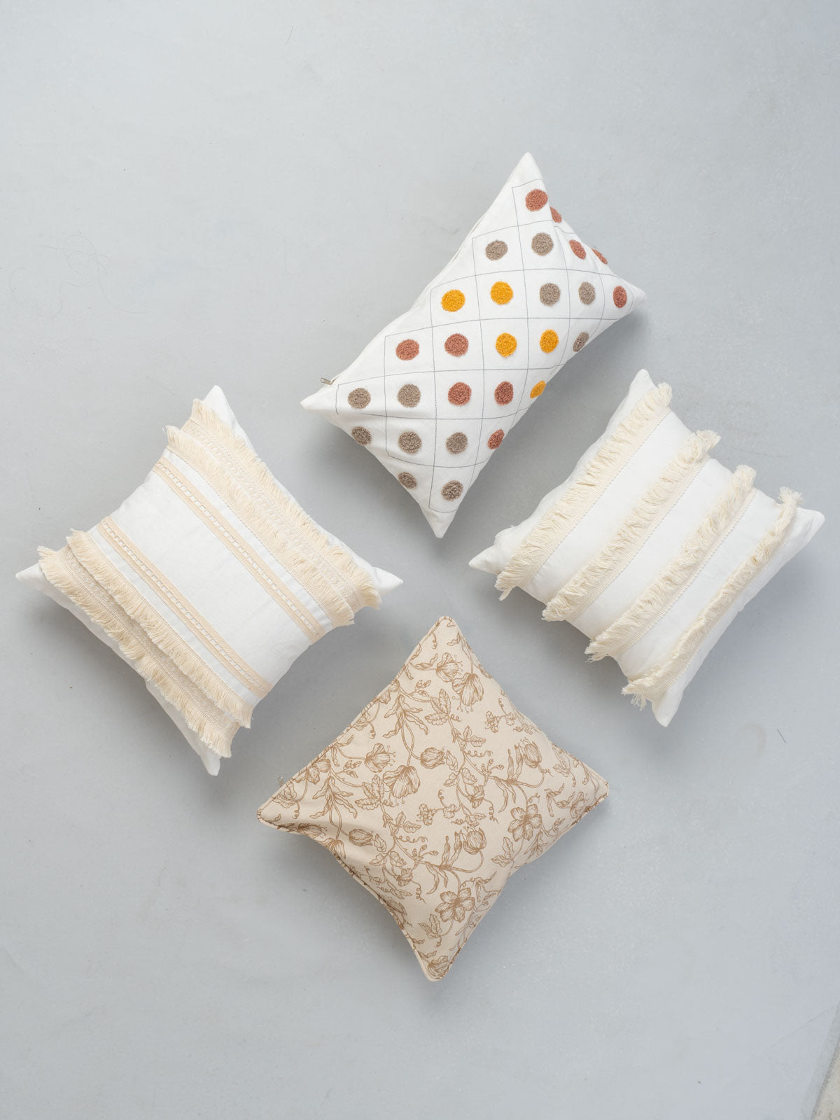 Dainty Dots Yellow, Fringes, Tasseled, French Farmhouse Neutral Set Of 4 Combo Cotton Cushion Cover - Yellow And Beige