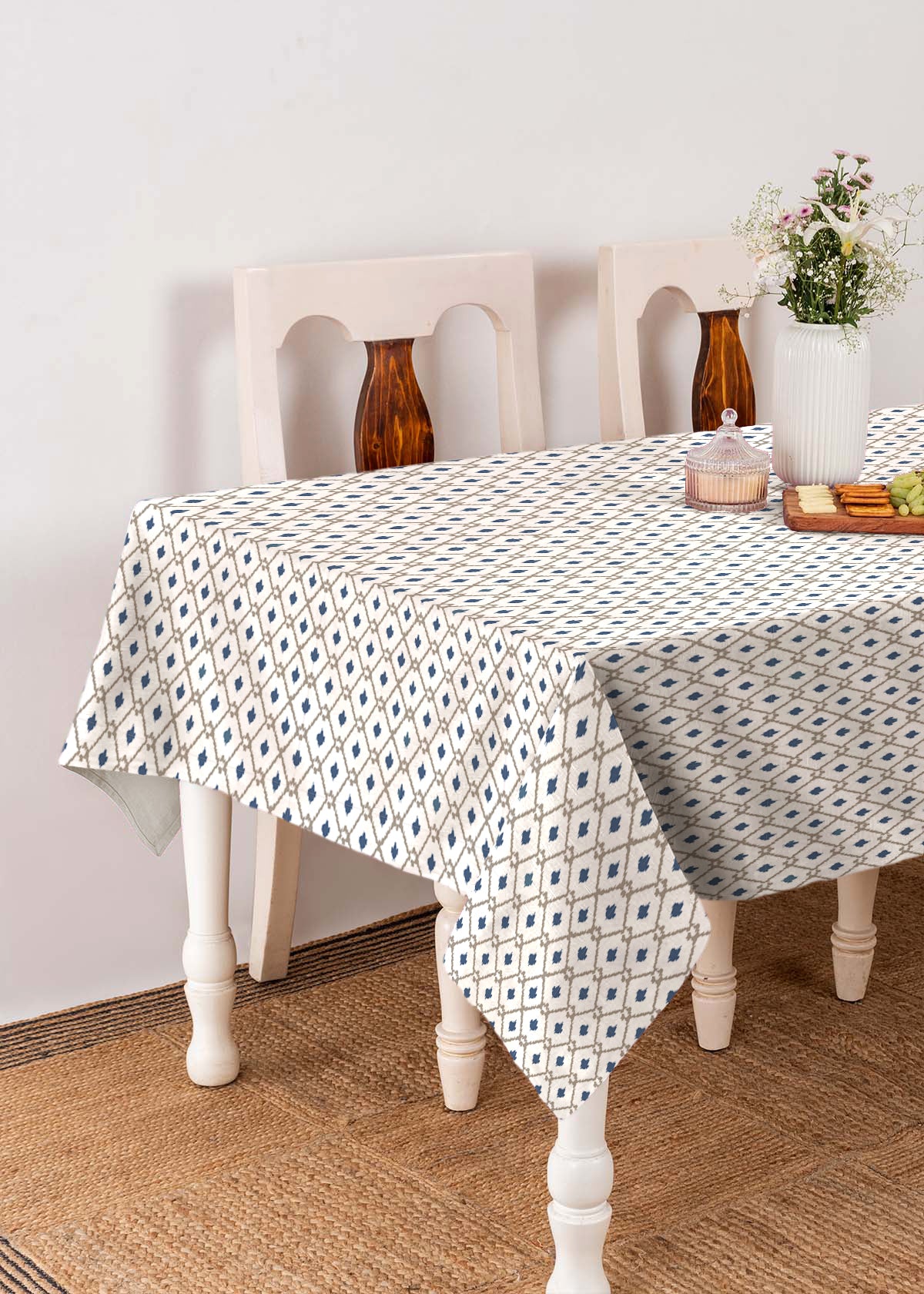 Diamond yard 100% cotton customizable geometric table cloth for dining - Blue