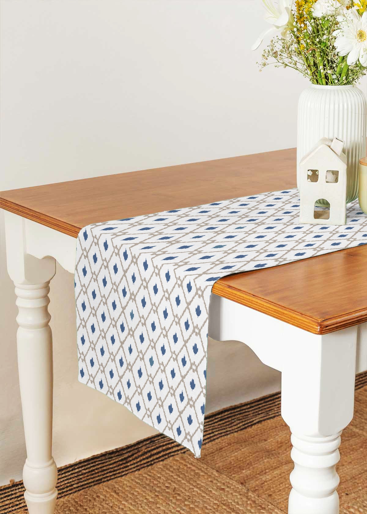 Diamond yard 100% cotton customisable geometric table Runner for dining - Blue