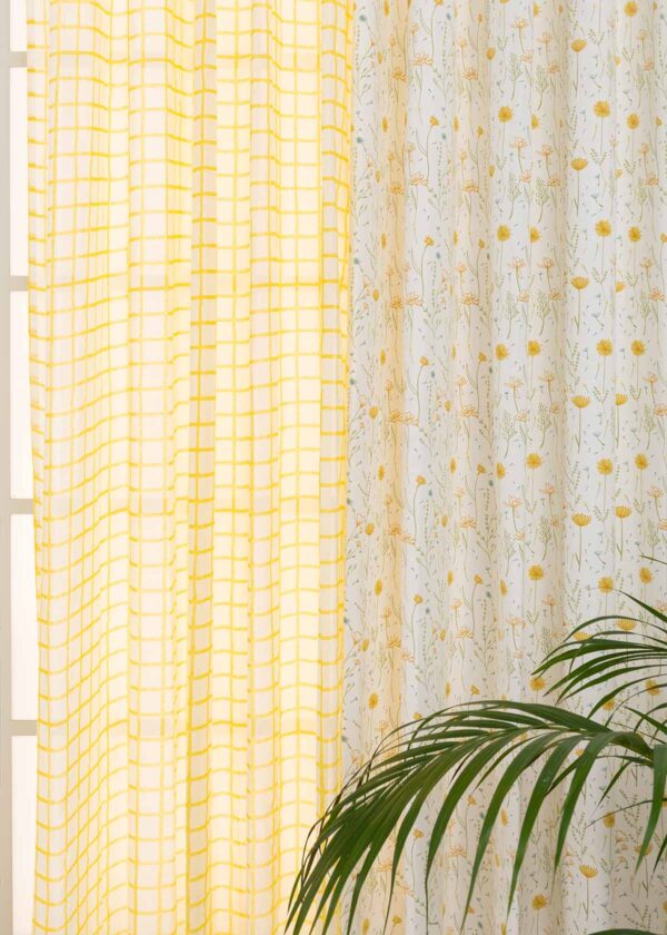 Drifting Dandelion, Uneven Checks Sheer Set Of 2 Combo Cotton Curtain - Yellow