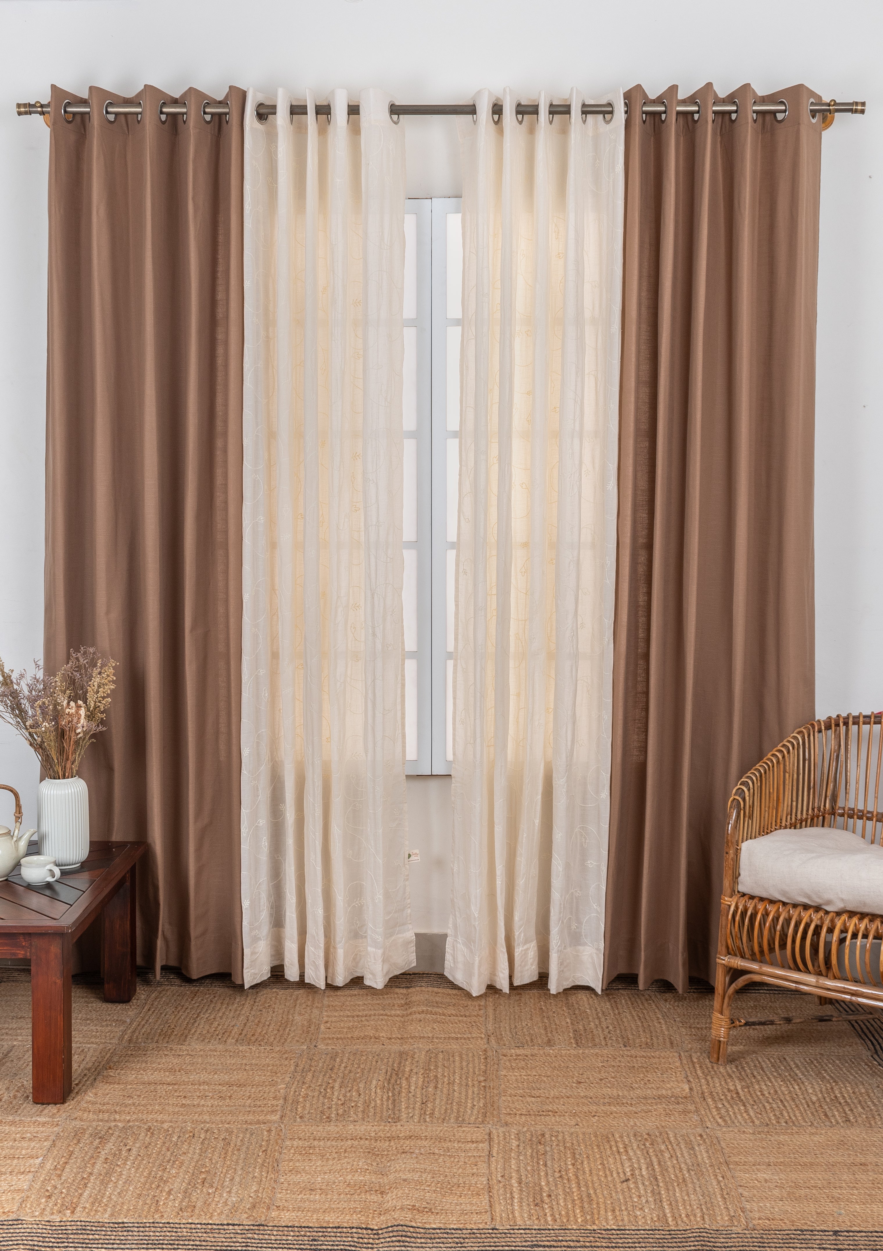 Solid Choclate brown cotton curtain with Ivy vines cream embroidered sheer 100% cotton curtains for living room - Set of 4