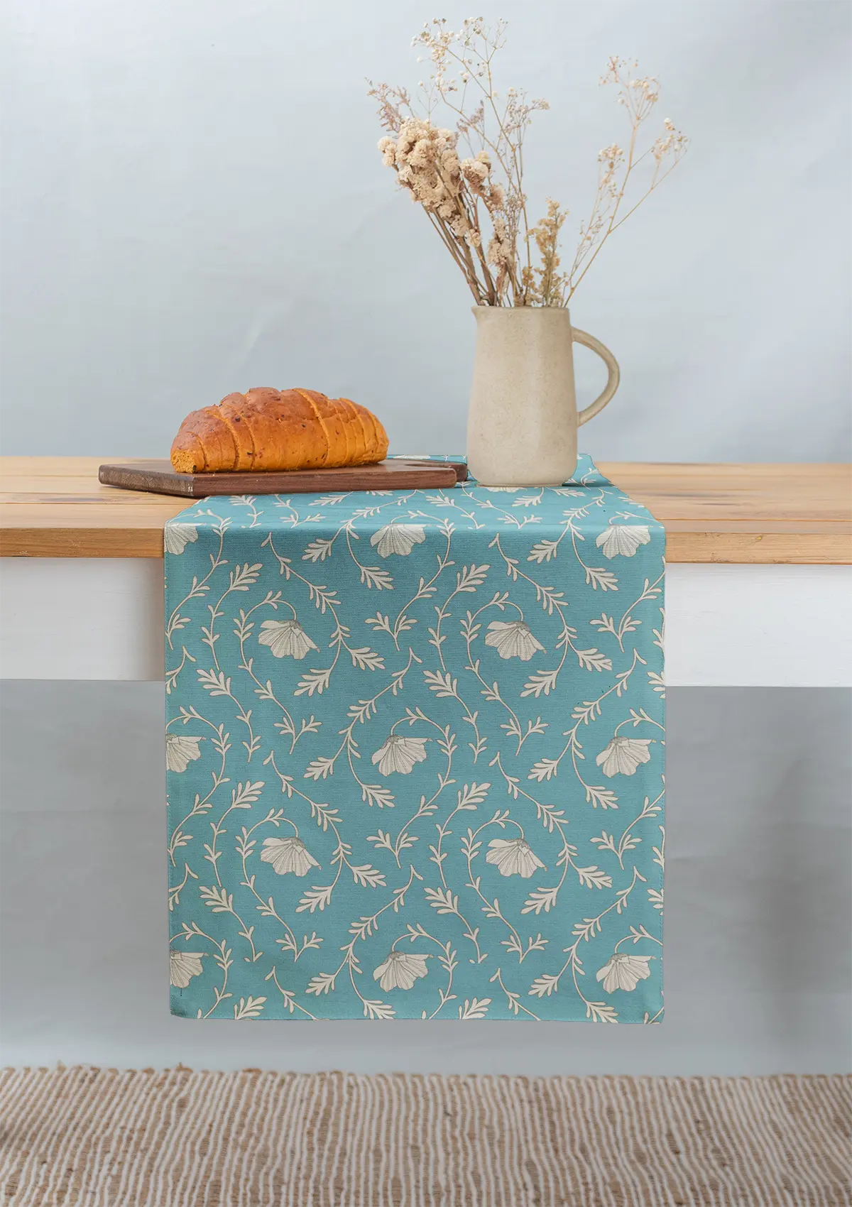 Eden aqua blue 100% cotton floral table runner for 4 seater or 6 seater dining with lace border