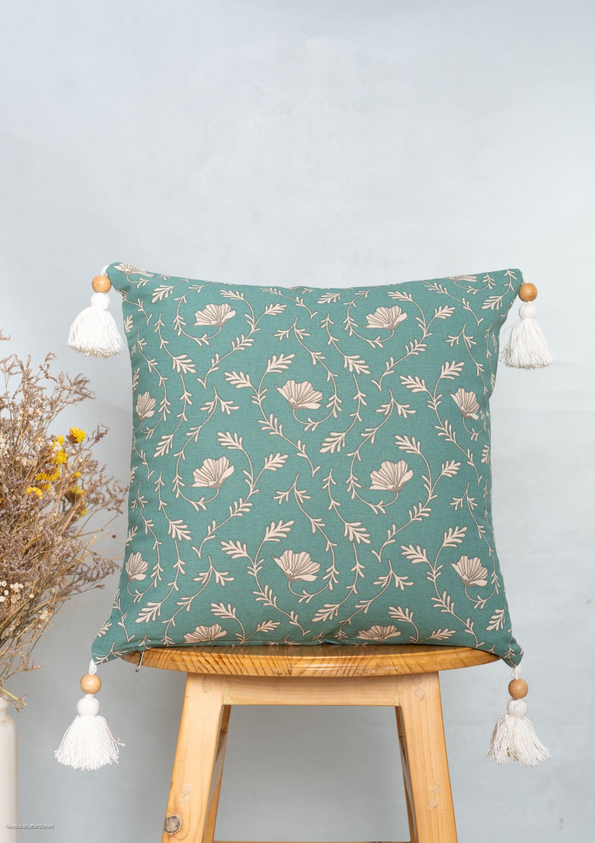 Eden aqua blue 100% cotton floral cushion cover for sofa with tassels