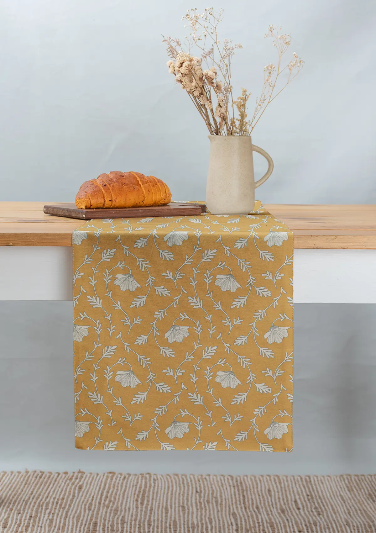 Eden 100% cotton customisable floral table Runner for dining - Mustard