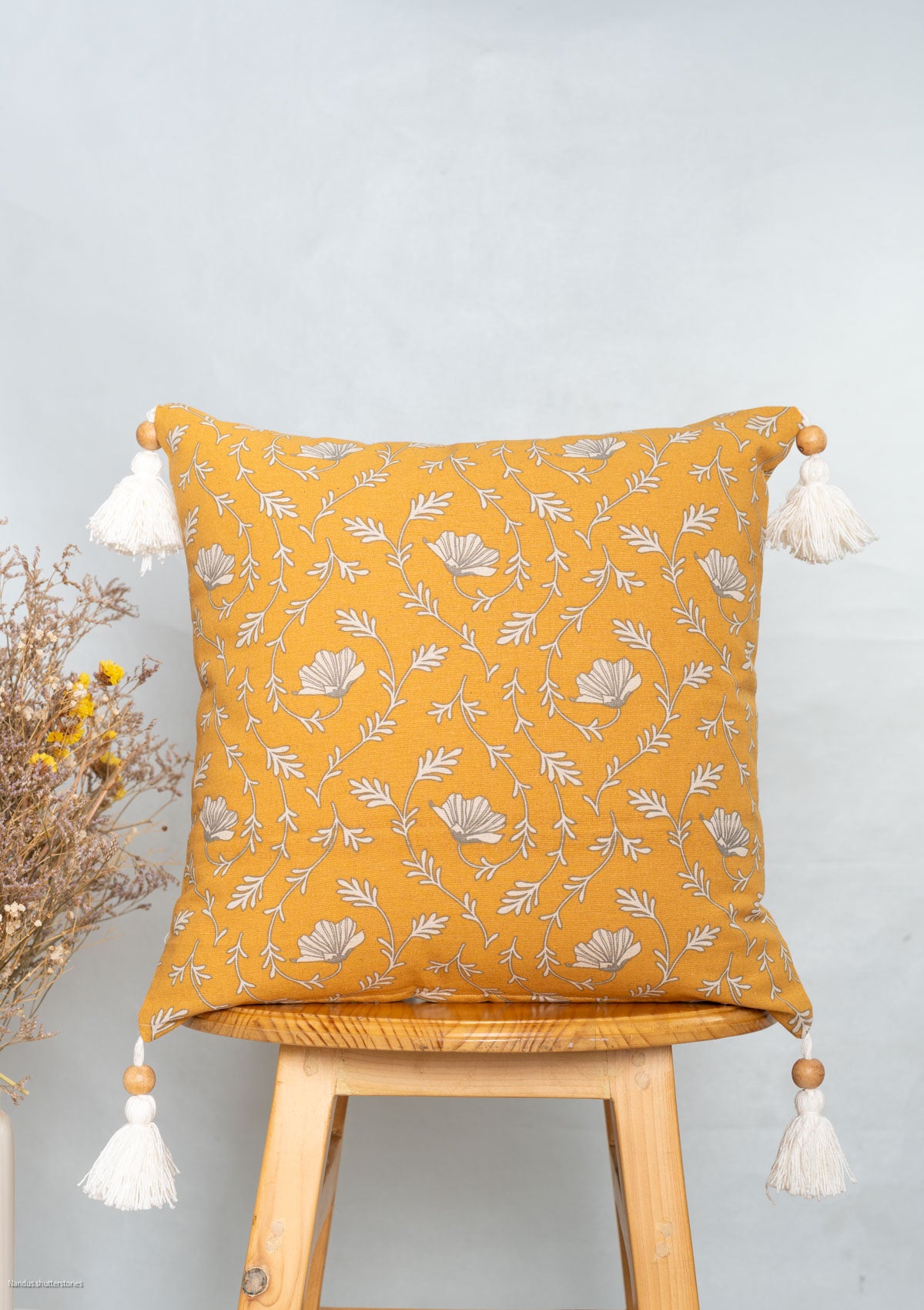 Eden mustard 100% cotton floral cushion cover for sofa with tassels