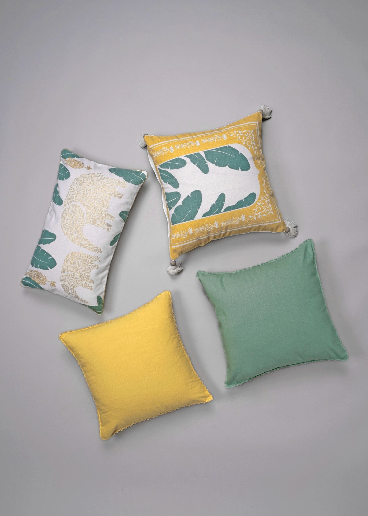 Elephant Grove Lumbar, Sage Green 16", Enchanted Taj, Mustard 16" Set Of 4 Combo Cotton Cushion Cover - Mustard
