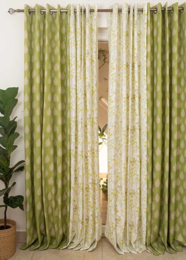 Ferns, Tulip Garden Set of 4 Combo Cotton Curtain - Yellow And Green