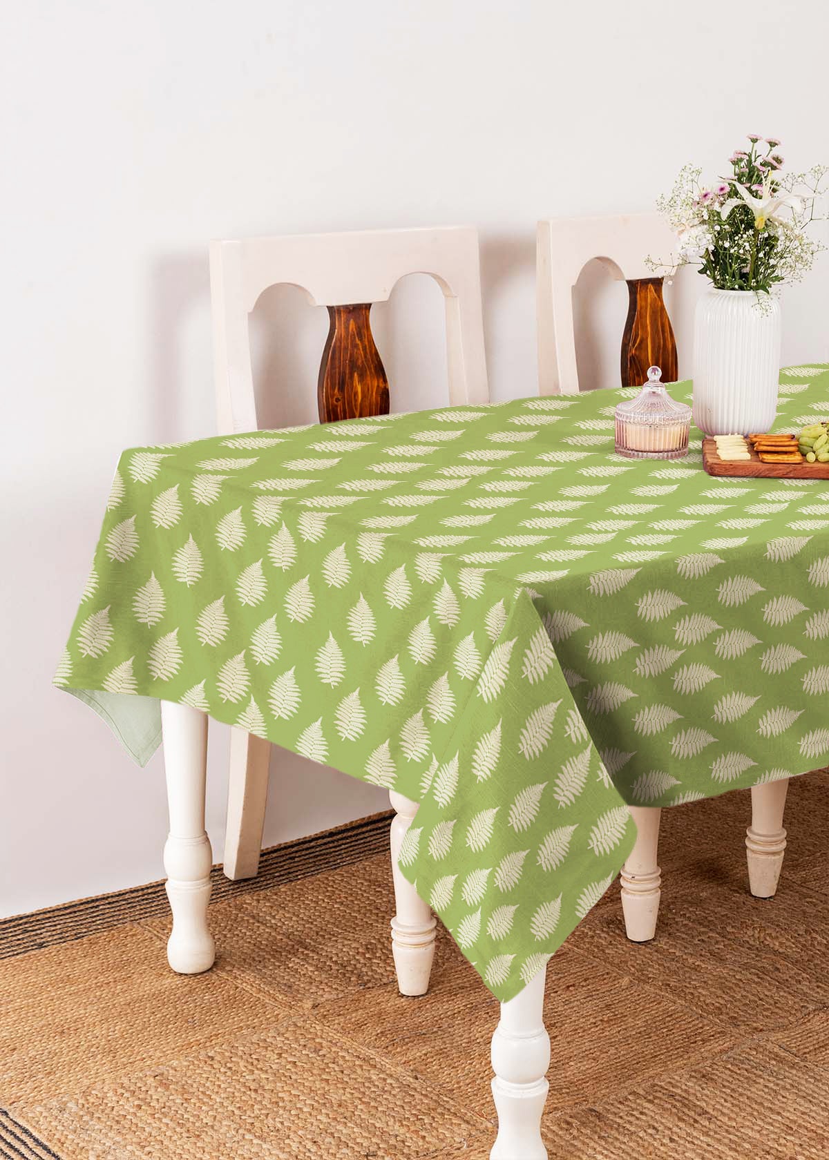 Ferns Printed 100% cotton floral table cloth for 4 seater or 6 seater dining - Green