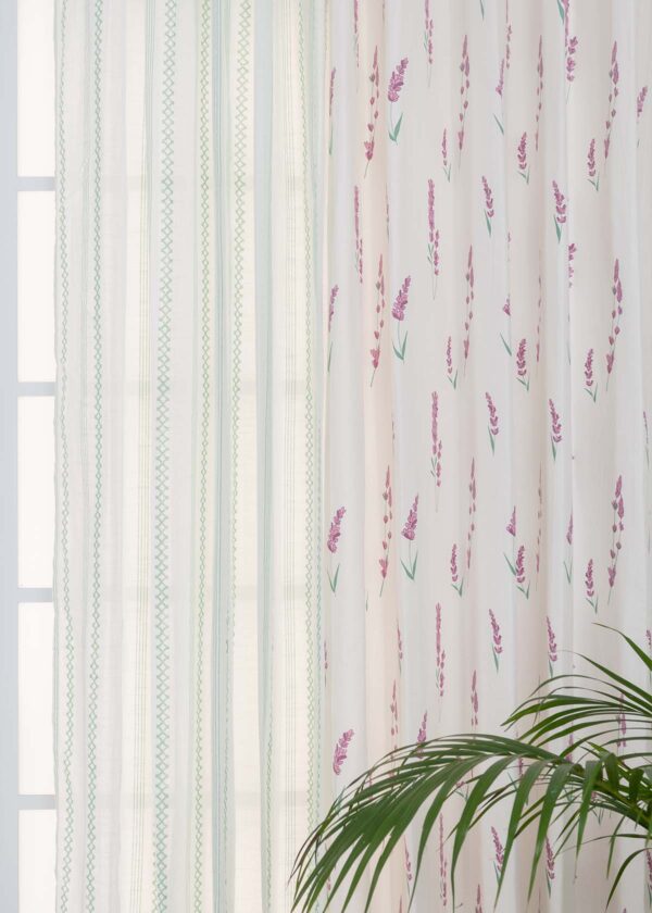 Fields Of Lavender, Picket Fence Sage Green Sheer Set of 4 Combo Cotton Curtain - Lavender, Sage Green