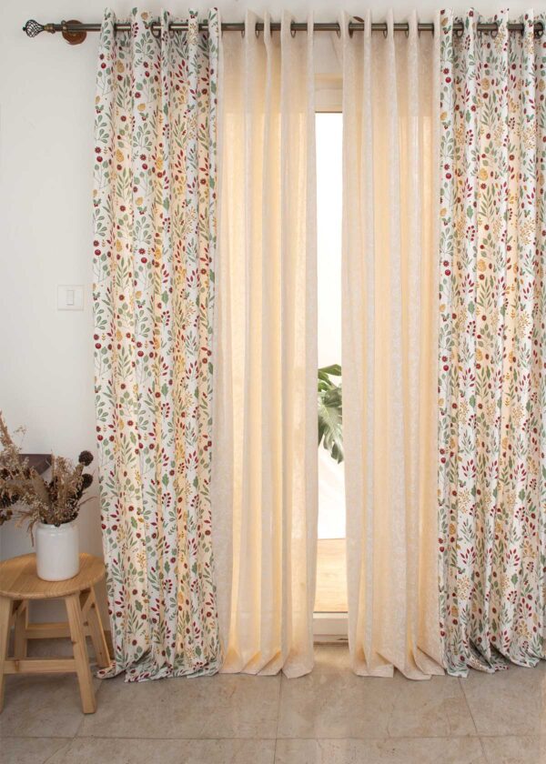 Foraged Berries Cotton, Trailing Berries Sheer Set Of 2 Combo Cotton Curtain - Multicolor