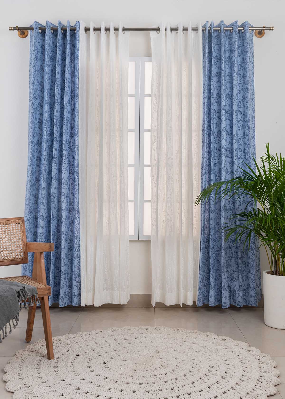 French Farmhouse In Blues, Grass Fields In White Set of 4 Combo Cotton Curtain - Blue And White