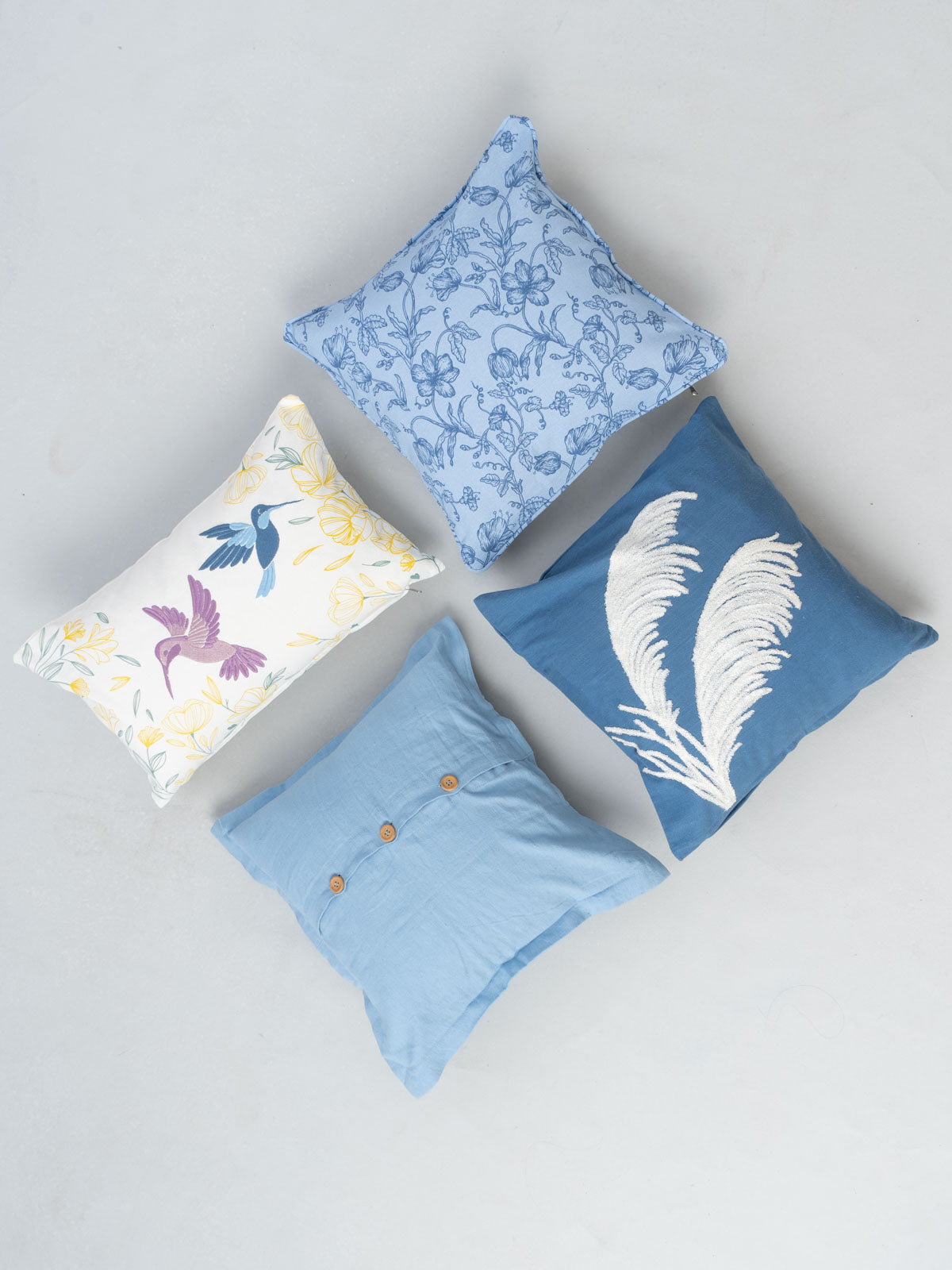 Humming Birds, French Farmhouse, Powder Blue Linen , Pampas Grass Set Of 4 Combo Cotton Cushion Cover - Blue