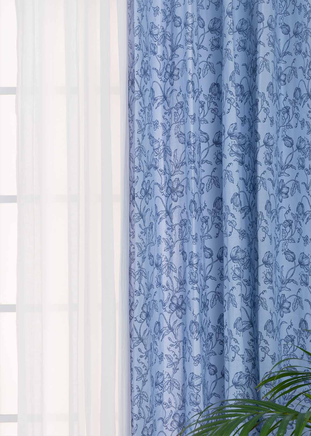 French Farmhouse In Blues, White Sheer Set of 4 Combo Cotton Curtain - Blue And White