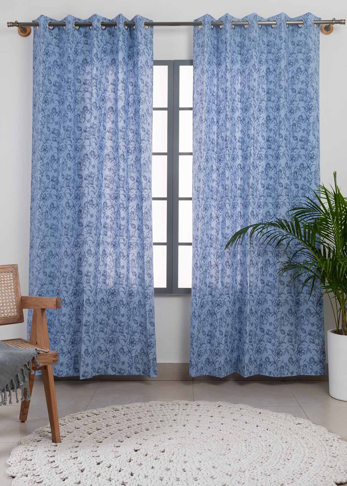 French Farmhouse Printed Cotton Curtain - Blue
