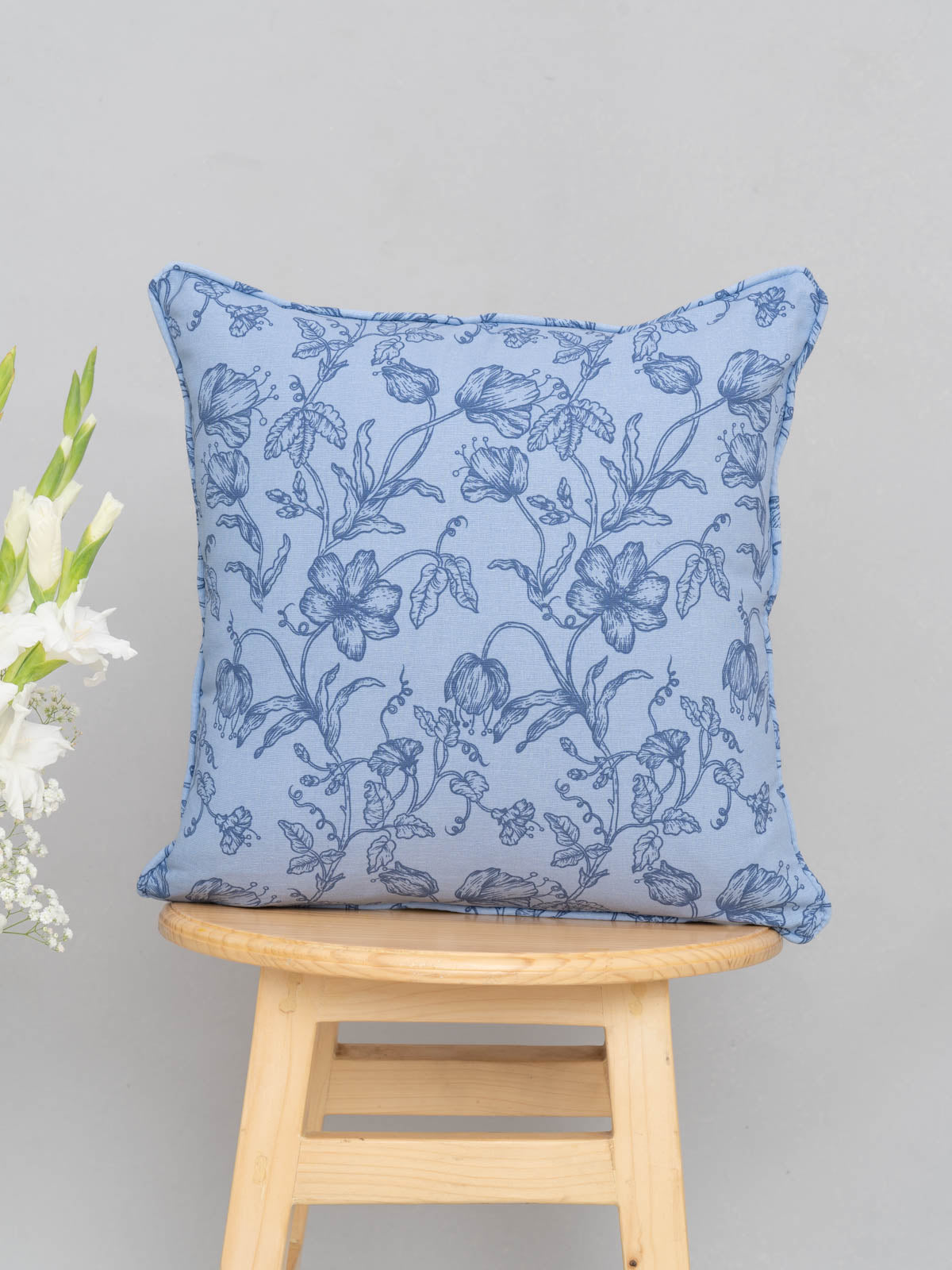 Humming Birds, French Farmhouse, Powder Blue Linen , Pampas Grass Set Of 4 Combo Cotton Cushion Cover - Blue
