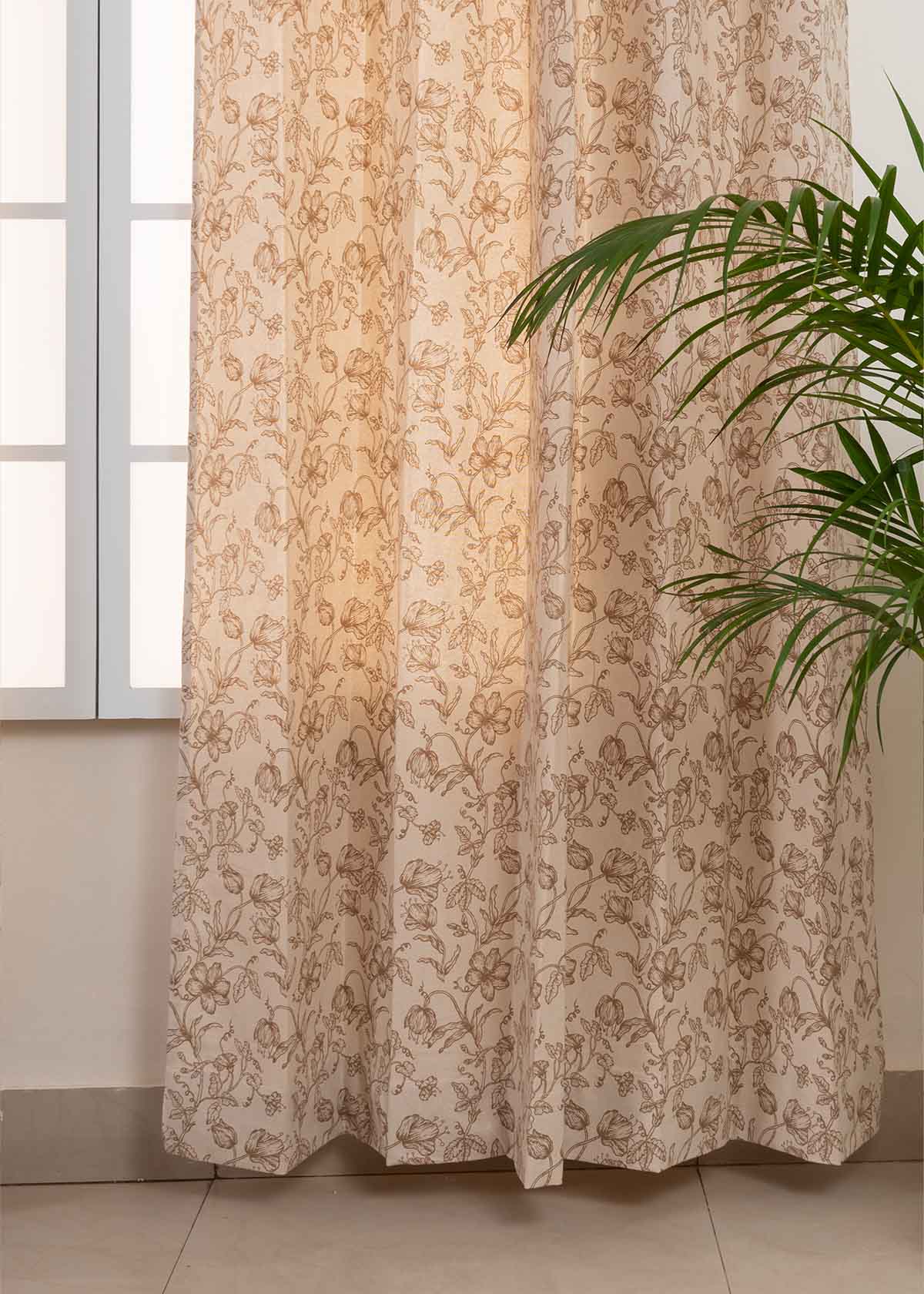 French Farmhouse Printed Cotton Curtain - Beige - Single
