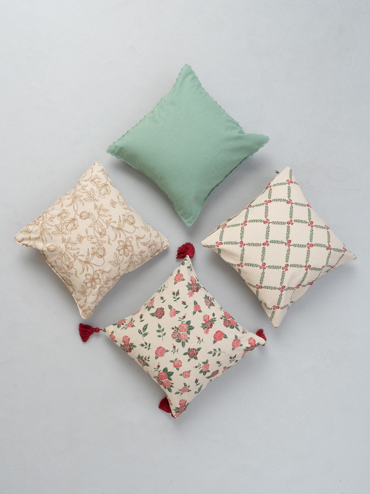 Wild Roses, French Farmhouse Neutral, Climbing Roses Wine Red, Sage Solid Set Of 4 Combo Cotton Cushion Cover - Red And Green