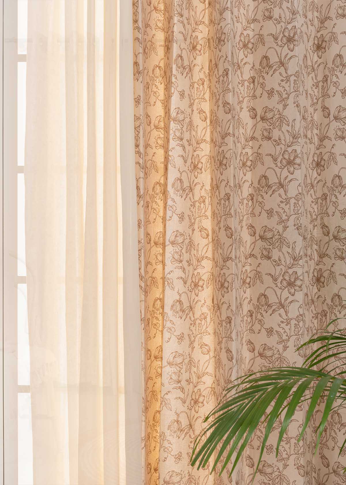 French Farmhouse In Neutrals, Cream Solid Sheer Set Of 2 Combo Cotton Curtain - Beige And Cream