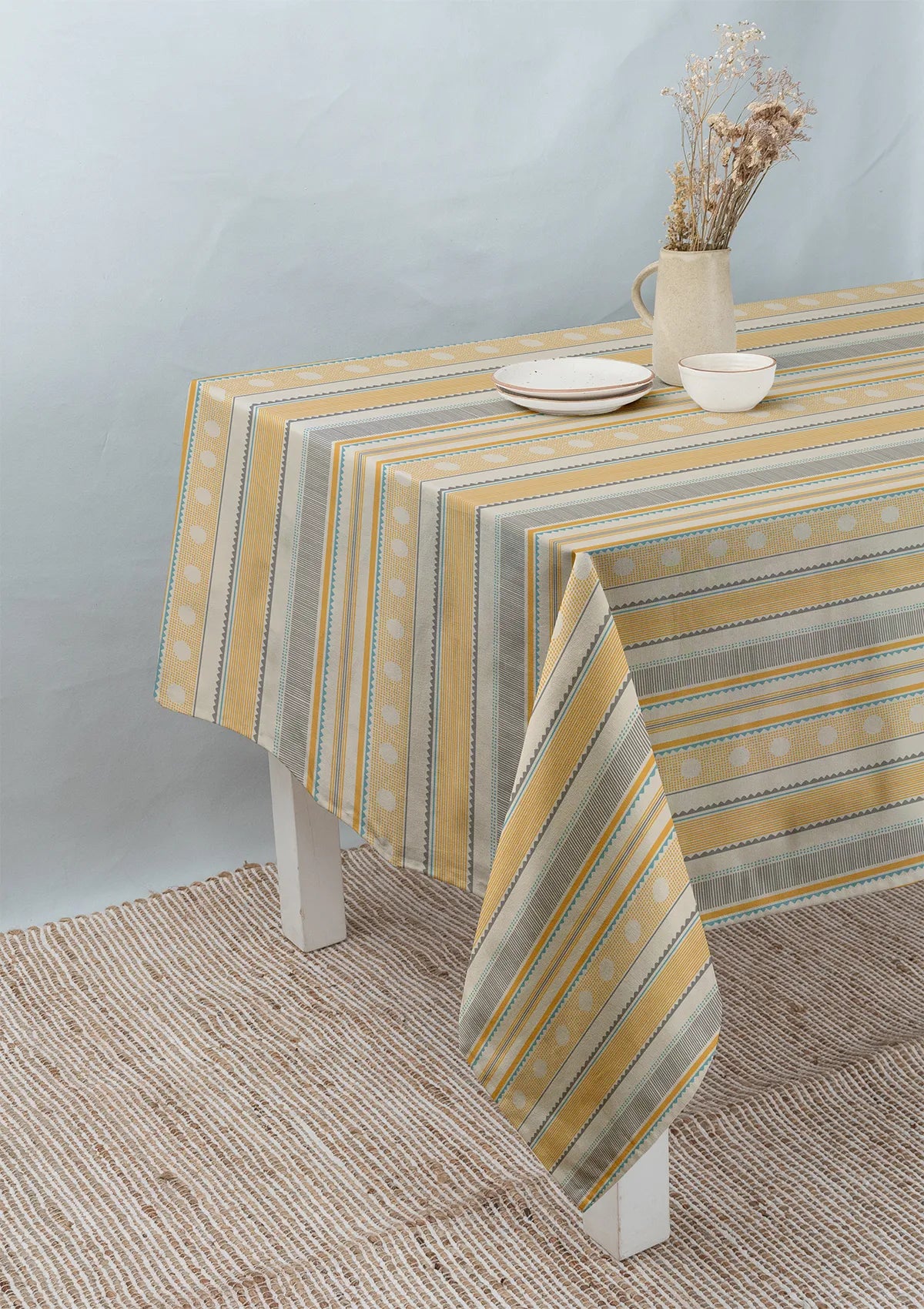 Buru 100% cotton boho table cloth for 4 seater or 6 seater dining - Mustard