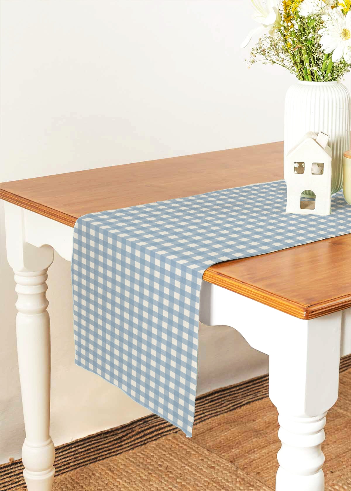 Gingham 100% cotton customisable geometric table Runner for dining - Powder blue