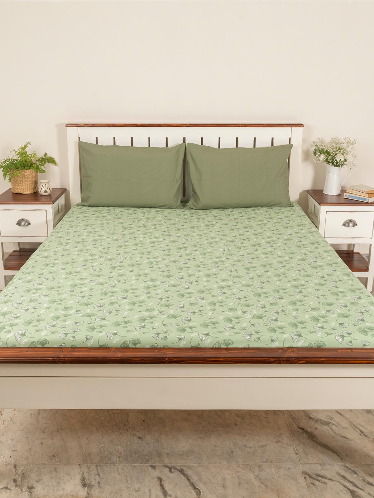 Gingko Leaves Printed Cotton Fitted Sheet - Green