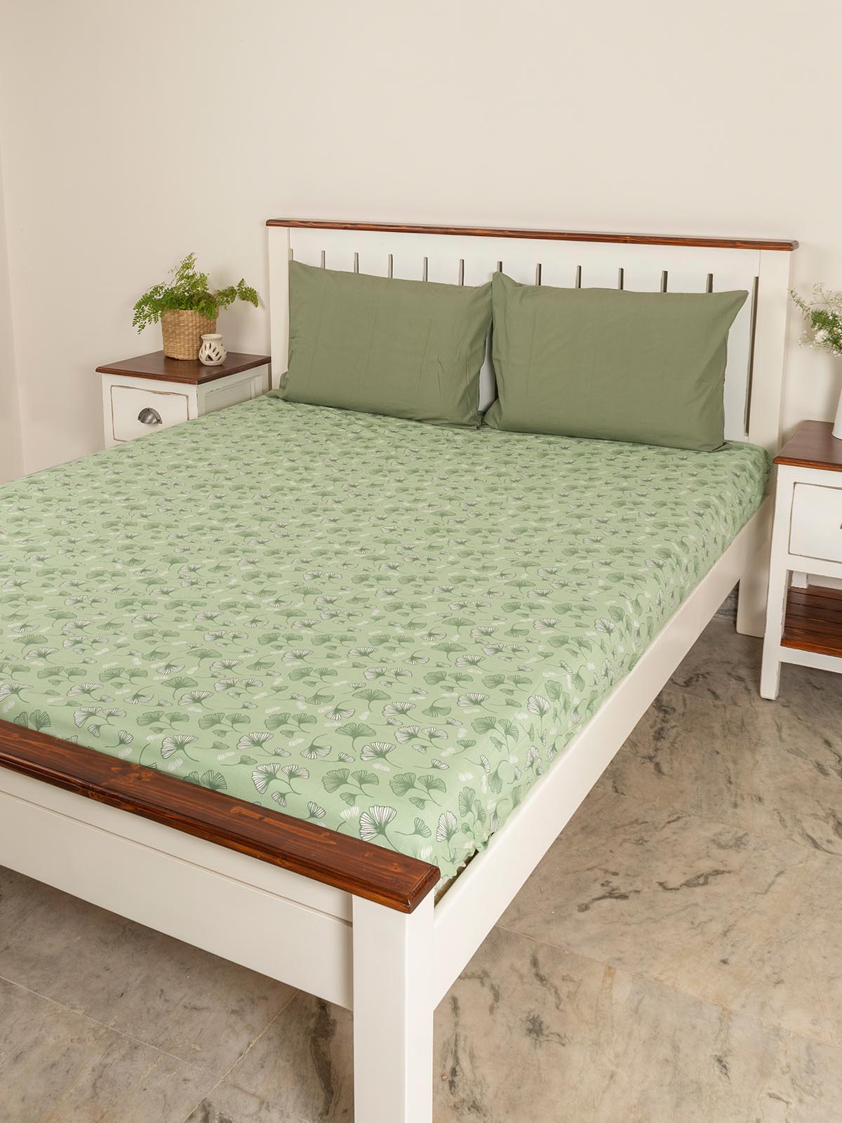 Gingko Leaves Printed Cotton Fitted Sheet - Green