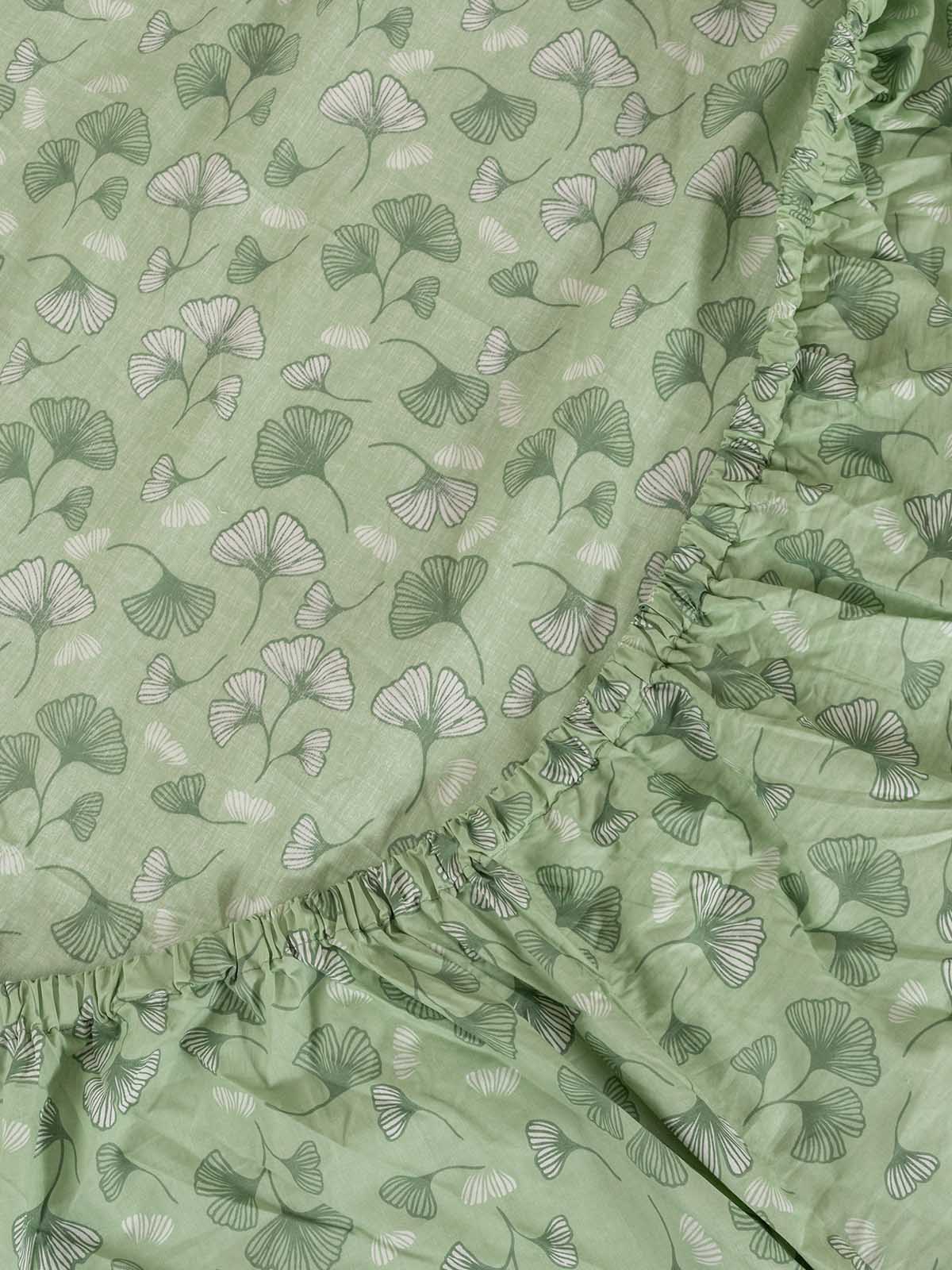 Gingko Leaves Printed Cotton Fitted Sheet - Green